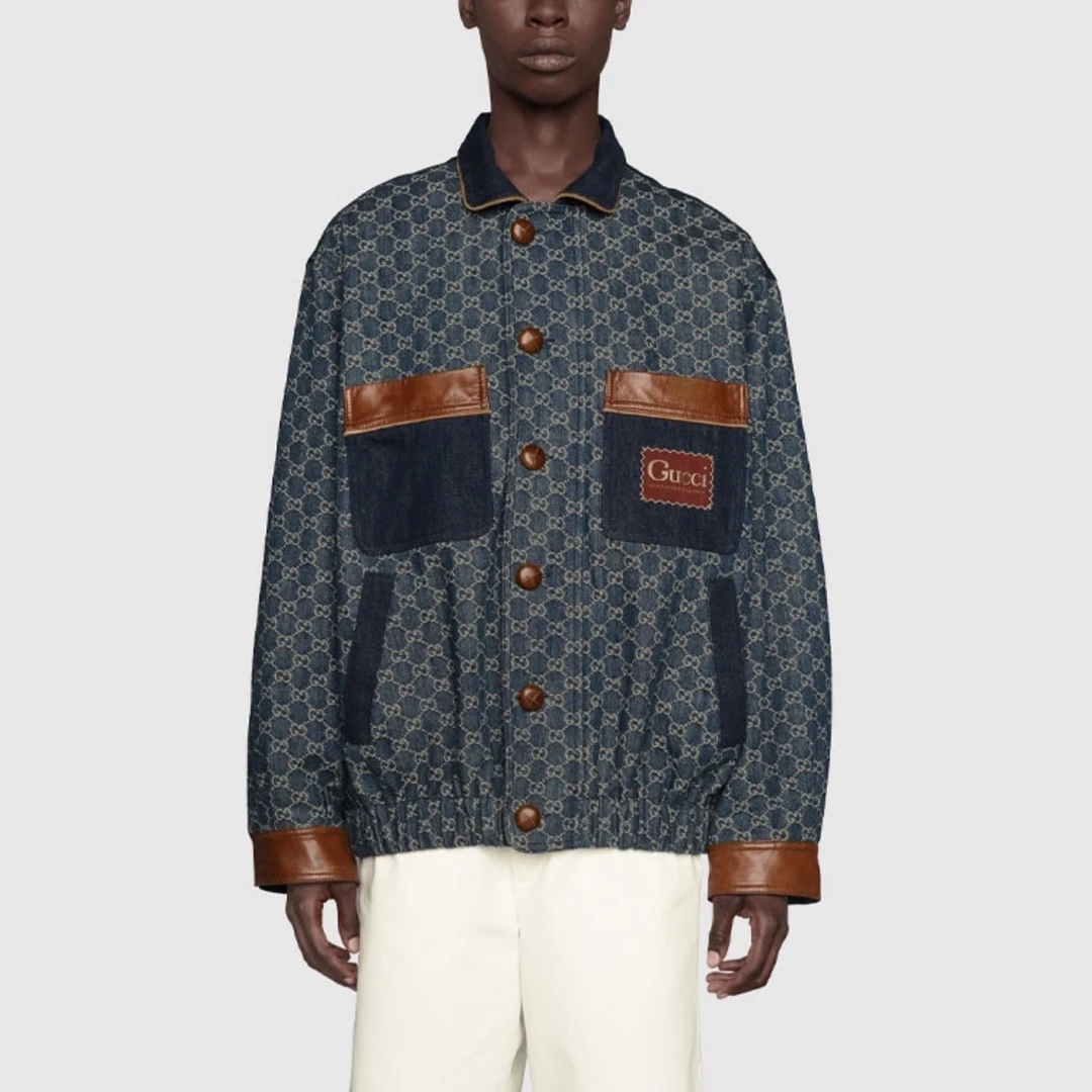 99新 GUCCI/古驰 7324/ Denim 印花拼接飞行员夹克外套/48码