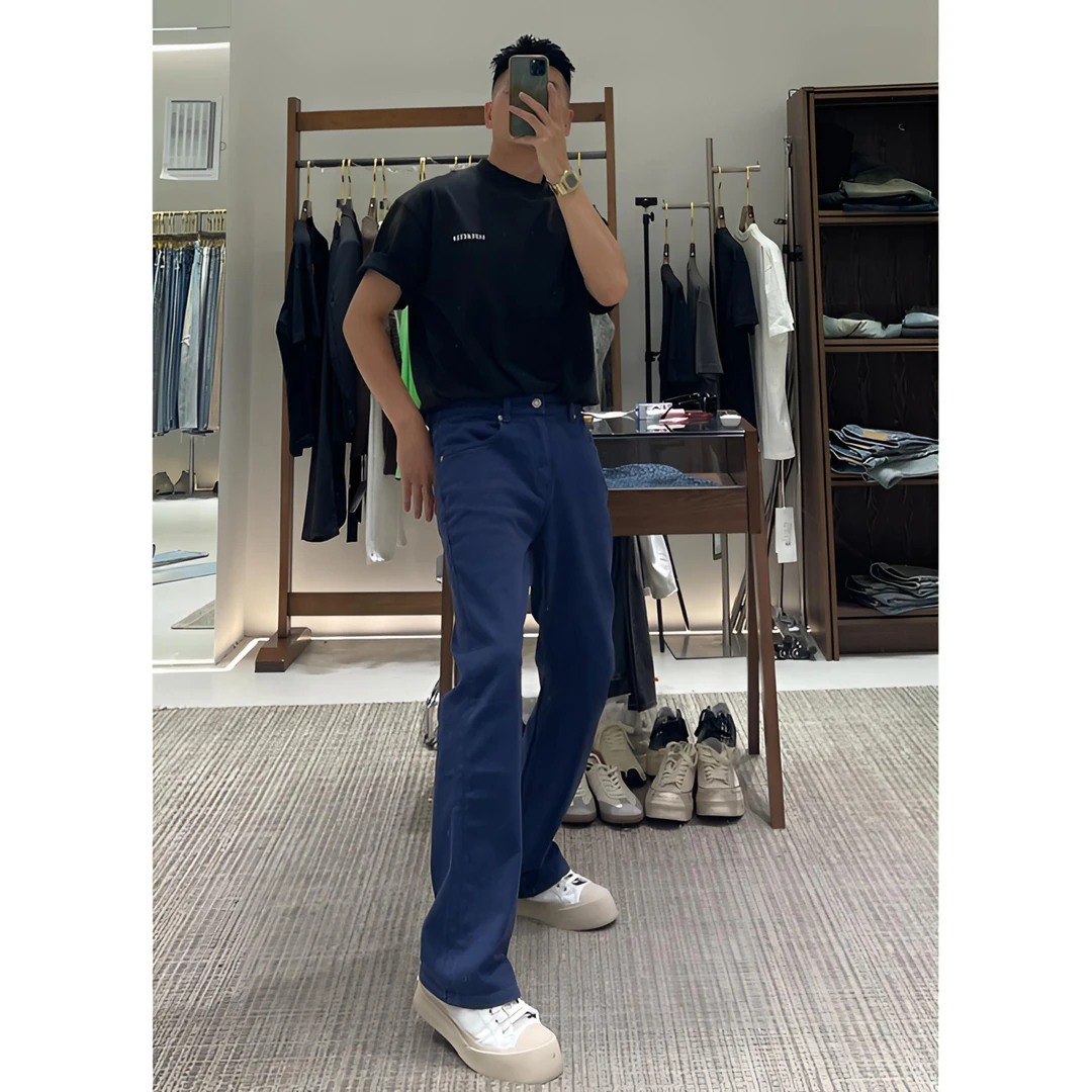 TKTHEKING/25851男士夏季设计师直筒微喇定染法工蓝纯色微喇牛仔