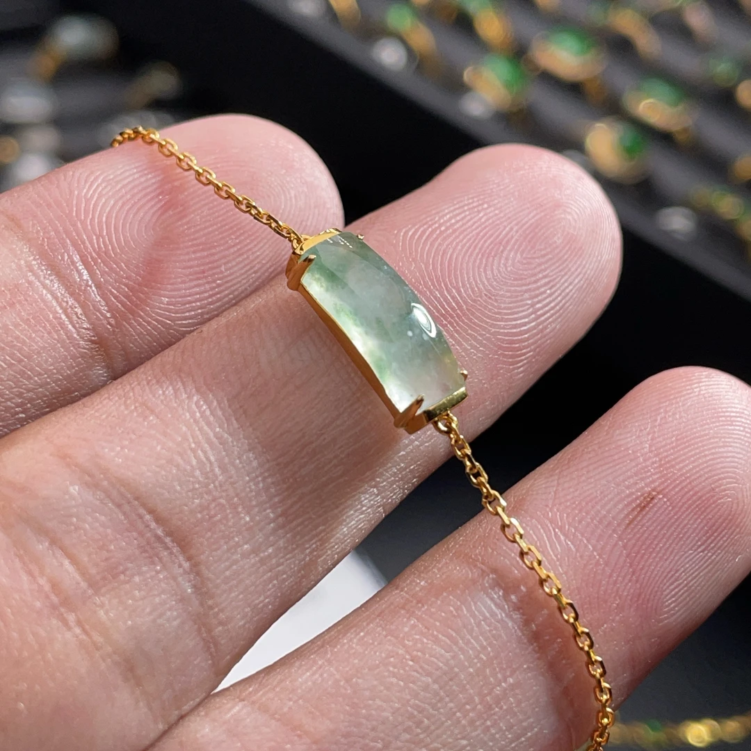 18K金天然翡翠A货-飘花马鞍手链K黄1980高冰镶嵌珠宝玉石时尚轻奢