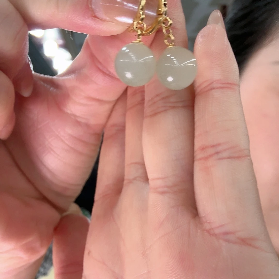 和田玉耳饰银S925镶嵌