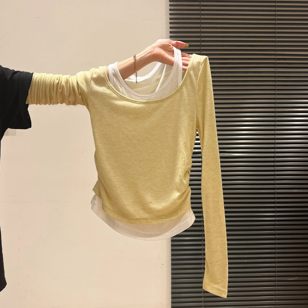 小婉薇撞色拼接下摆褶皱长袖内搭2025初秋新款假两件打底衫上衣女