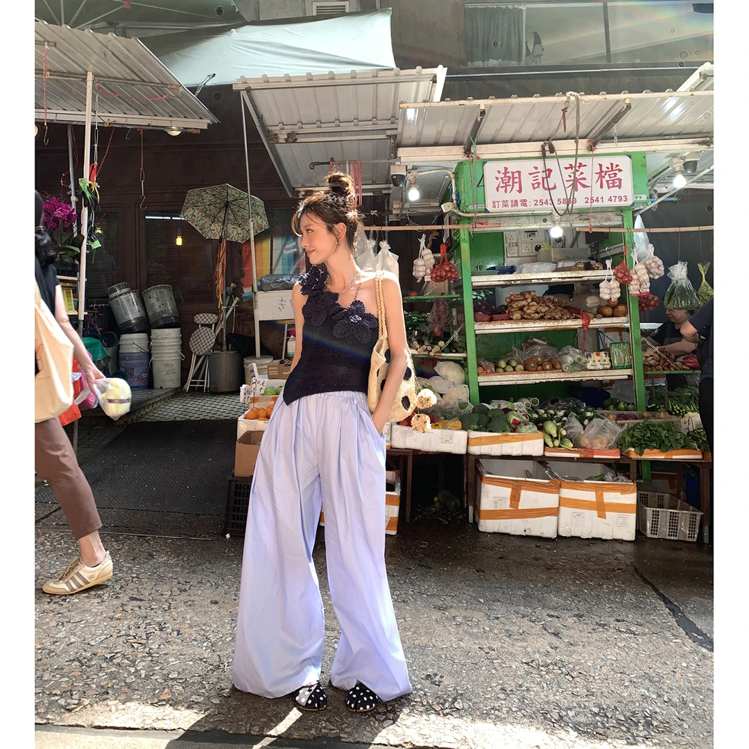 【清凉一夏】度假风蓝白条纹阔腿裤薄款4280