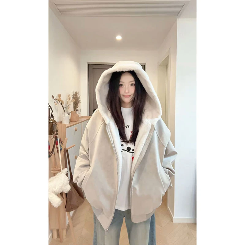 荔枝纹皮座山加绒夹棉连帽棉服男女冬季休闲保暖宽松外套潮