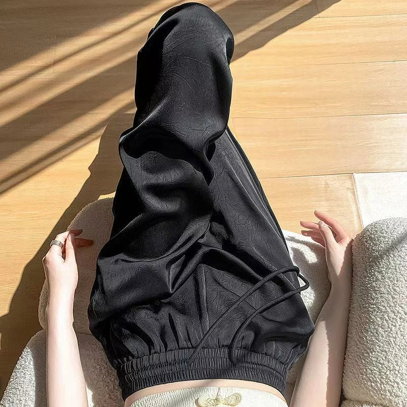 3006提花带口袋超舒服印花缎面系带直筒裤凉凉阔腿裤