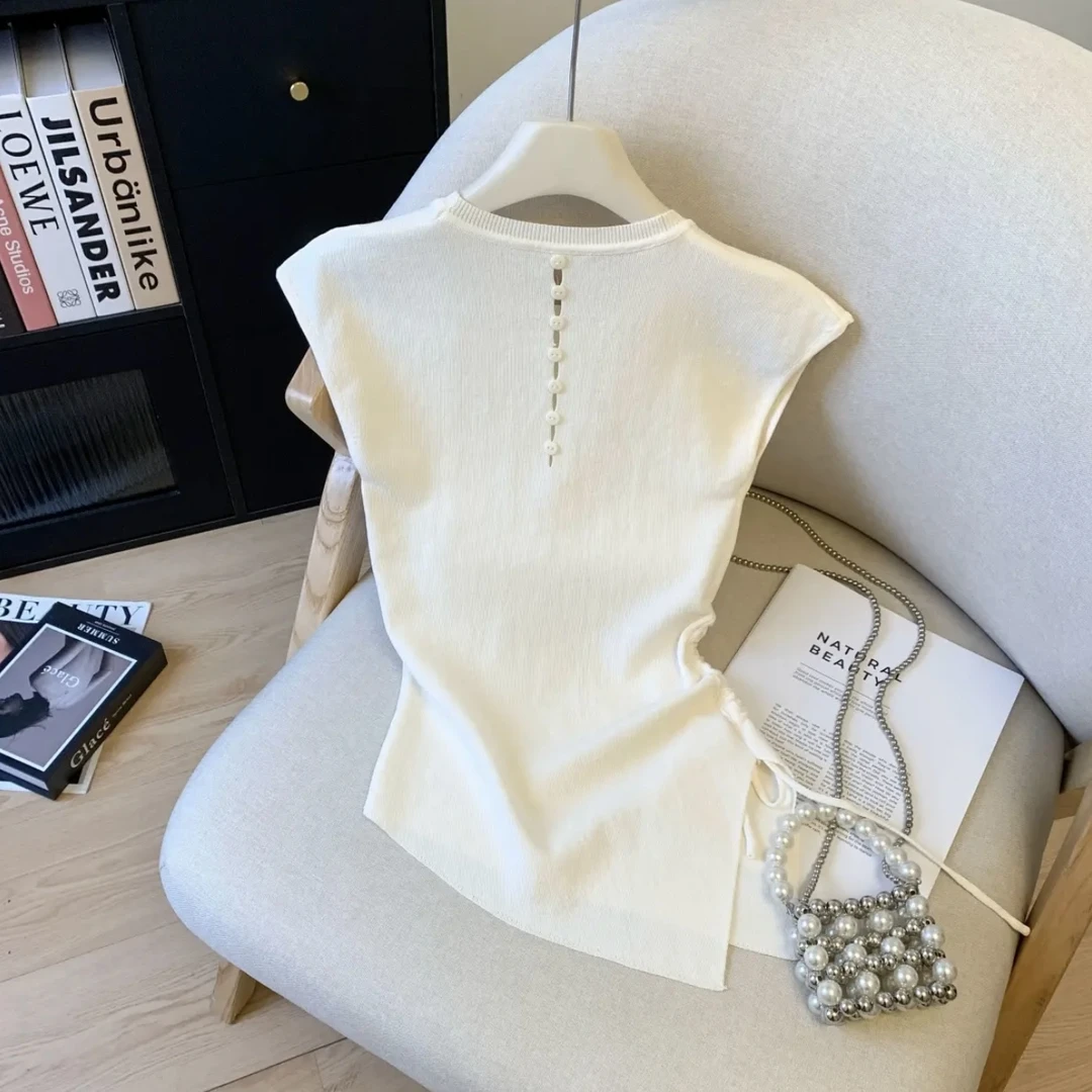 夏季独特千金别致辣妹无袖针织衫抽绳收腰显瘦短款法式上衣新款