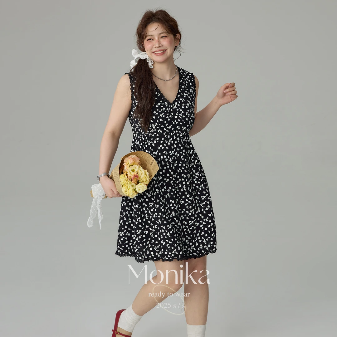 大码女装法式v领碎花背心连衣裙夏季微胖mm新款气质短裙75813