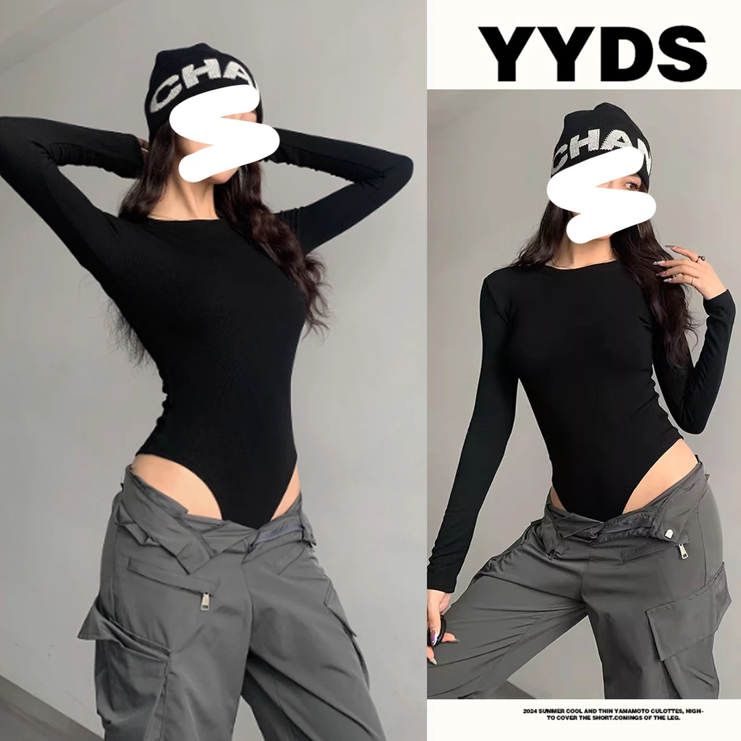 欧美风圆领纯色连体长袖T恤女秋冬紧身辣妹露腰性感内搭打底上衣