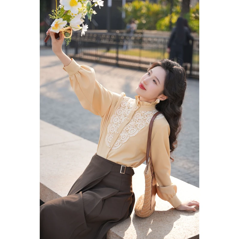 琦琦【柔软浪花】港风复古纯色长袖衬衫宽松百搭上衣YE0706135