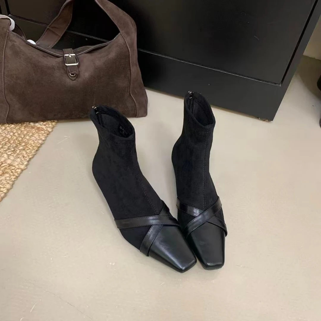 复古小方头绒面拼接韩系高级感瘦瘦靴2025秋冬新款百搭休闲时装靴