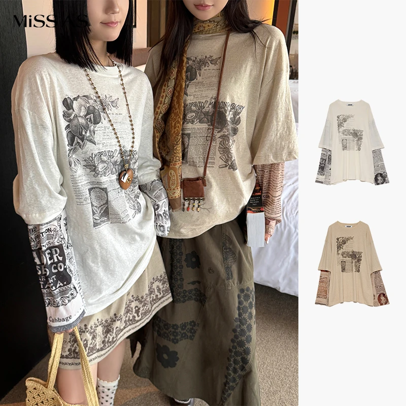 【AUBRUINO】简约百搭假两件印花T恤女25春夏