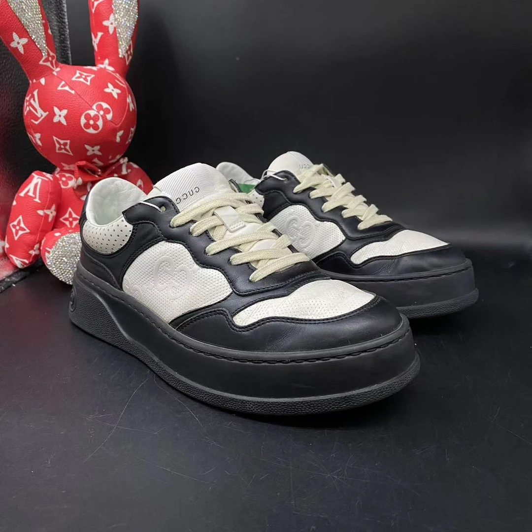 95新 GUCCI/古驰 【AO特惠】38欧码 男士时尚黑白厚底饼干鞋7798