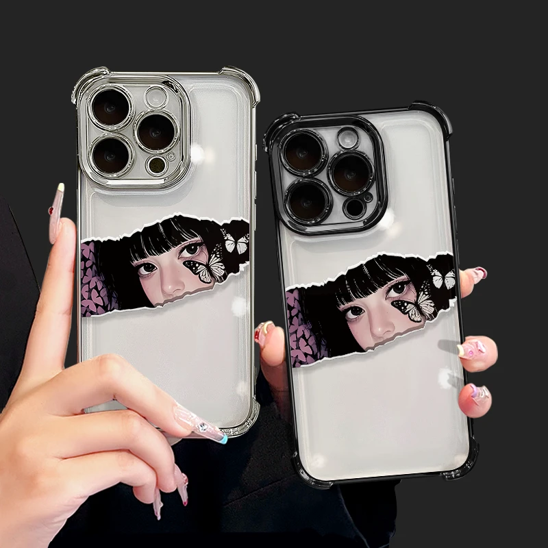 蝴蝶撕漫女孩适用苹果17pro手机壳16pm简约华为p80防摔6D小米荣耀