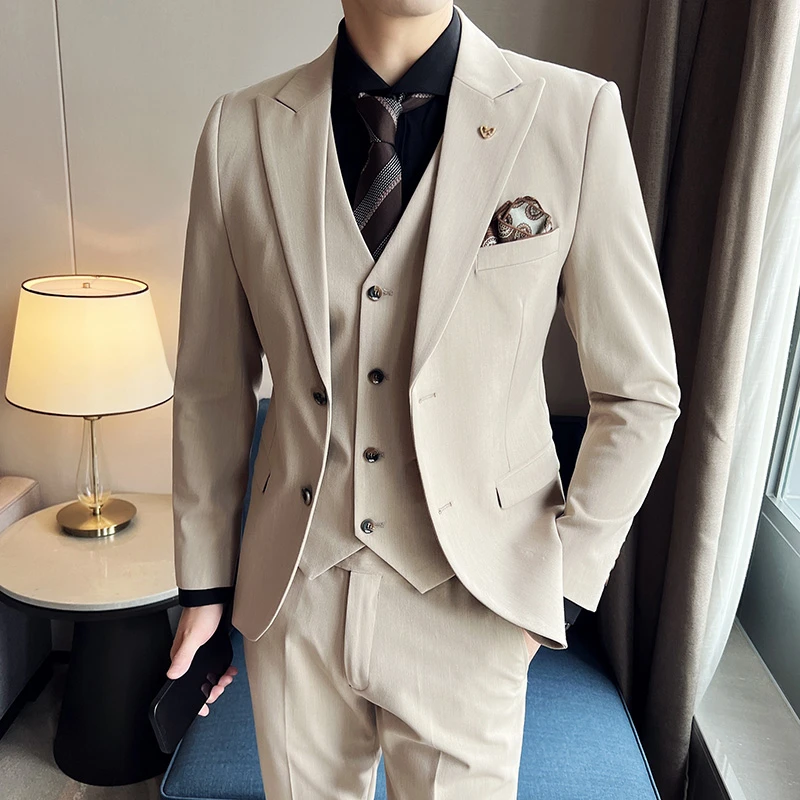 印染厚款春秋粘合衬工艺西服套装修身职业婚礼韩版风结婚帅气