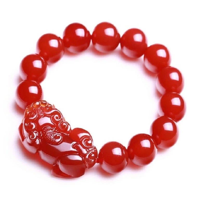 天然正品鸽血红玛瑙貔貅手链，珠径14mm