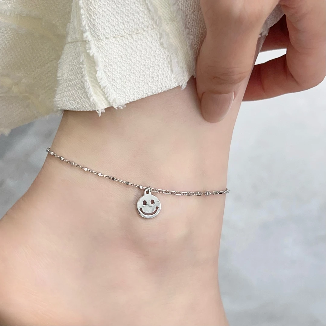 925银脚链 《晴天》韩版ins小众冷淡风百搭时尚个性笑脸吊坠银脚链