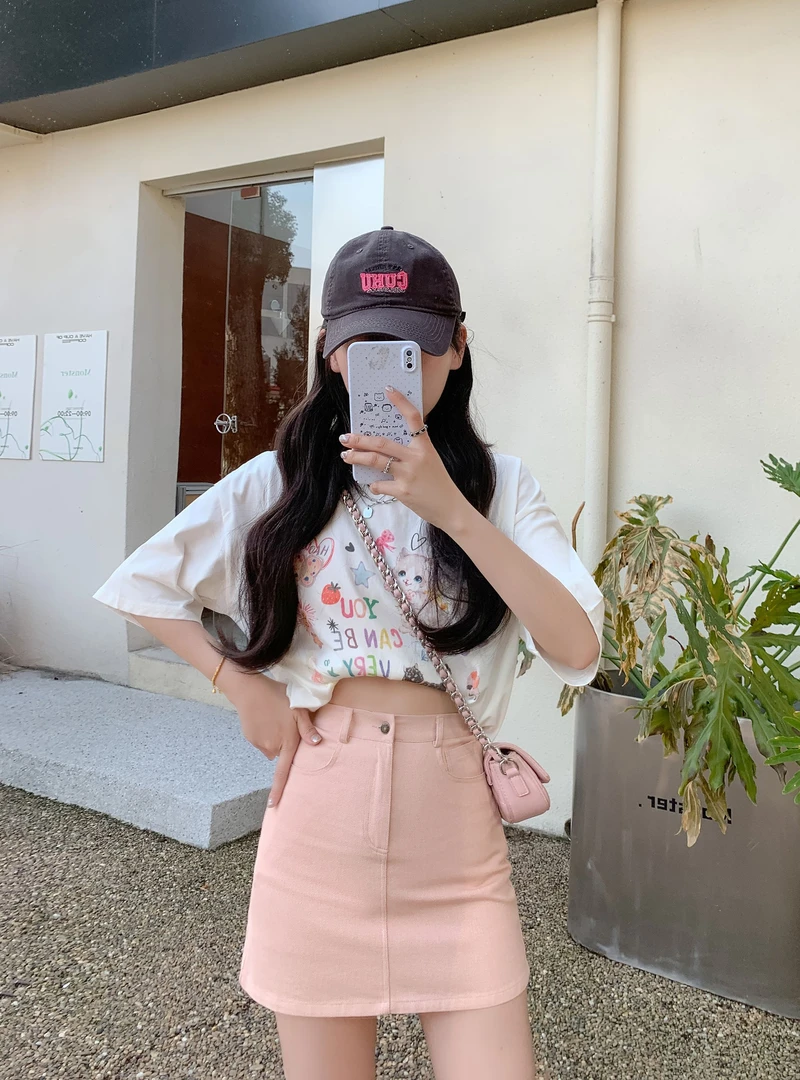 粉色松紧腰复古辣妹牛仔短裙女夏季高腰显瘦防走光a字包臀半身裙