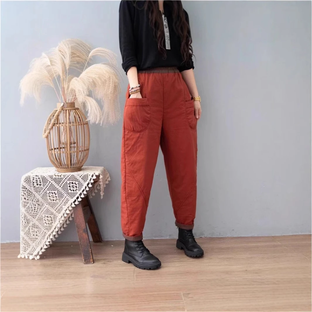 复古撞色夹棉哈伦裤女冬季通勤简约加棉加厚妈妈休闲爆款外穿棉裤