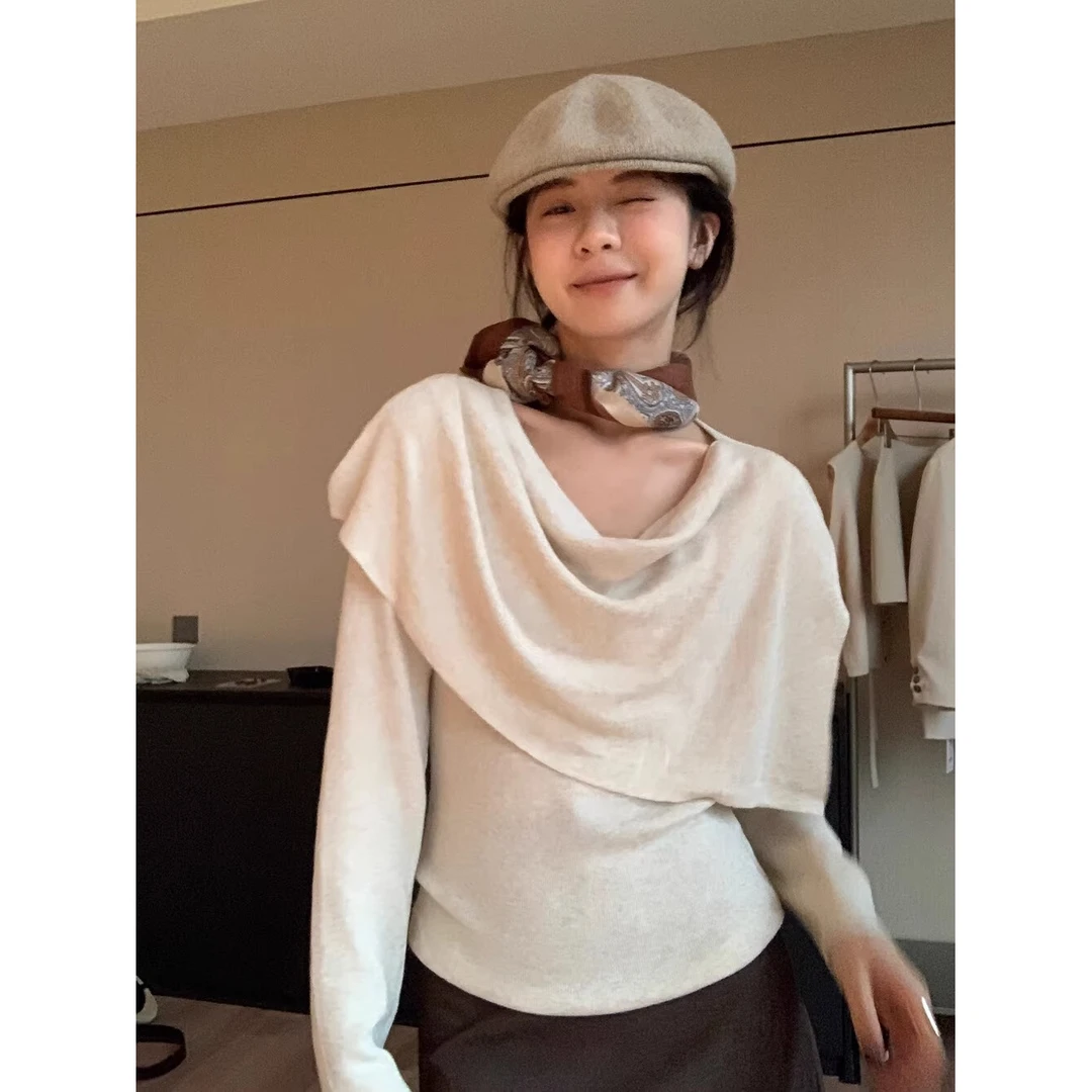 巨好搭！真心舒服！时尚针织衫上衣+荡领披肩两件套女2025秋季套装