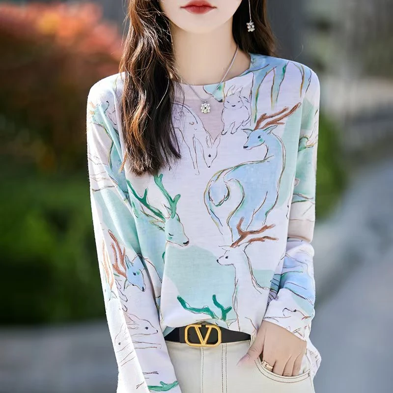 2025年新款精纺超细羊毛衫圆领印花打底衫