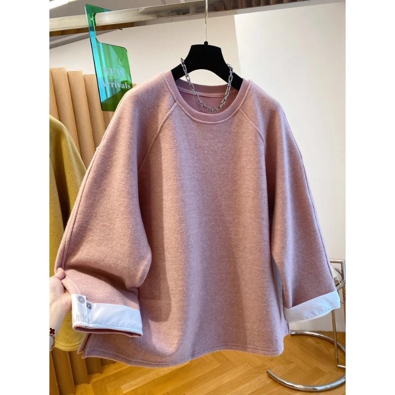 大码300斤韩系简约衬衫袖口拼接圆领卫衣秋冬加绒男女假两件上衣