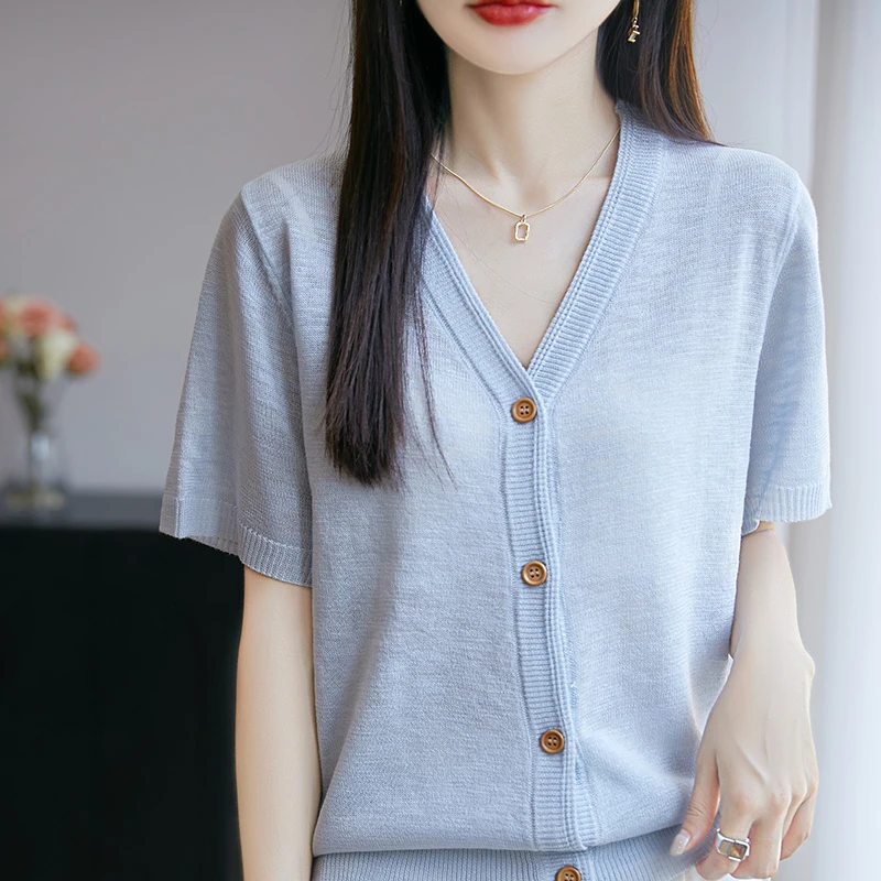 V领三分袖常规短袖女装大码镂空T恤背心针织衫上衣夏季百搭气质