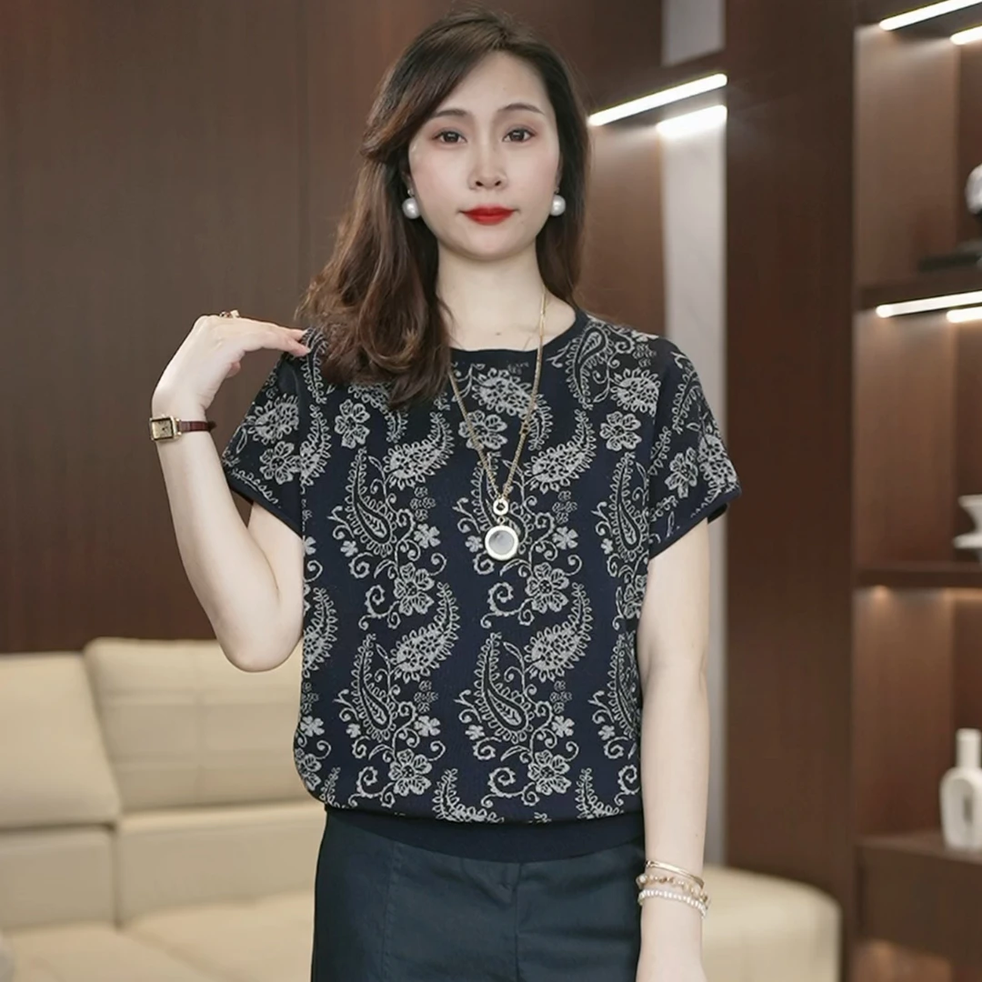 青花瓷提花针织衫女2025宽松薄款高端莱赛尔上衣短袖夏3207