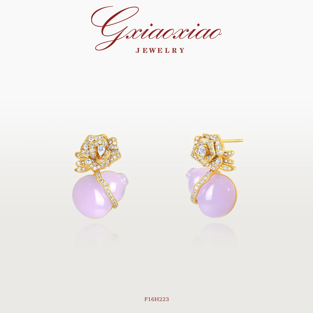 G XIAOXIAO 成锆石新中式气质优雅玫瑰花紫色葫芦耳环 F16H223