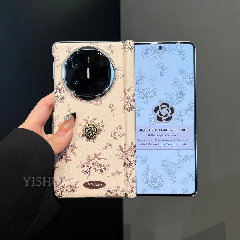 适用华为X6折叠屏手机壳新款中轴保护小香风皮质山茶花MateX5典藏