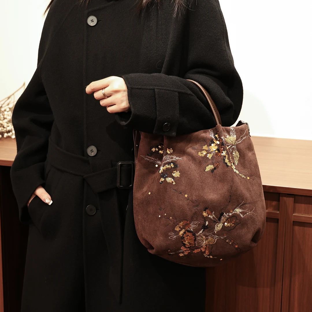 MILIAN/米丽安2025新款麂皮绒新中式托特包女士通勤单肩斜挎包包