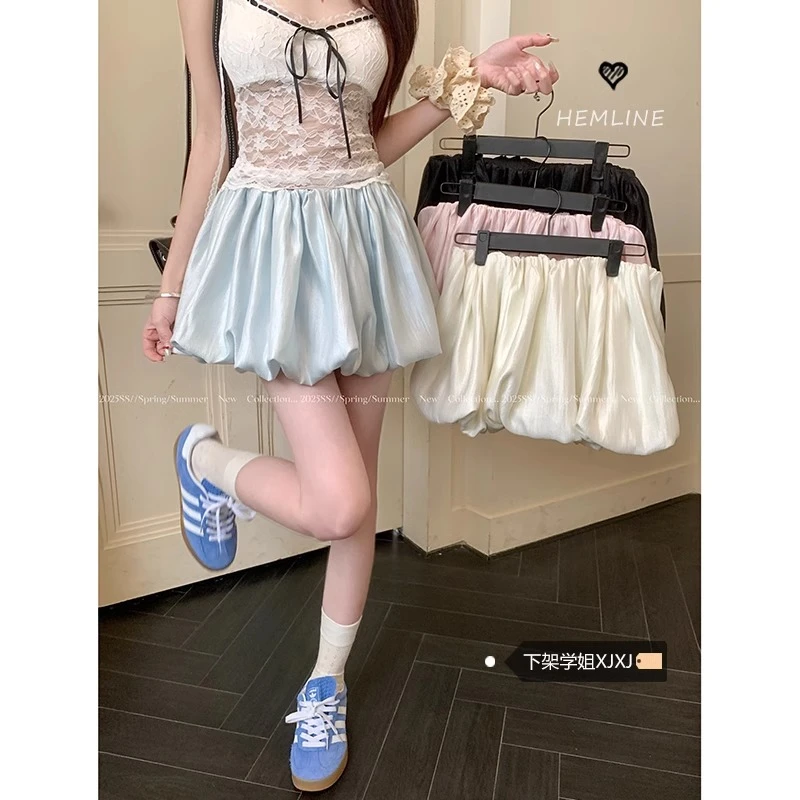 白色冰丝花苞裙裤女夏季薄款2025新款高腰显瘦宽松阔腿休闲风短裤