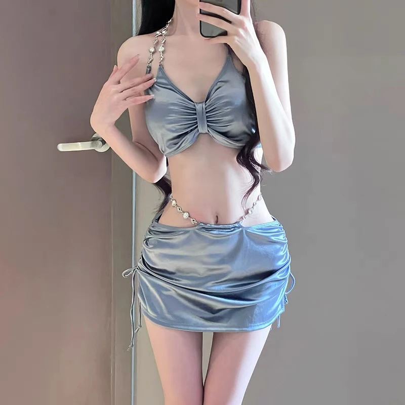 比基尼泳衣女新款银灰色缎面三件套高级感性感分体纯欲泡温泉泳装