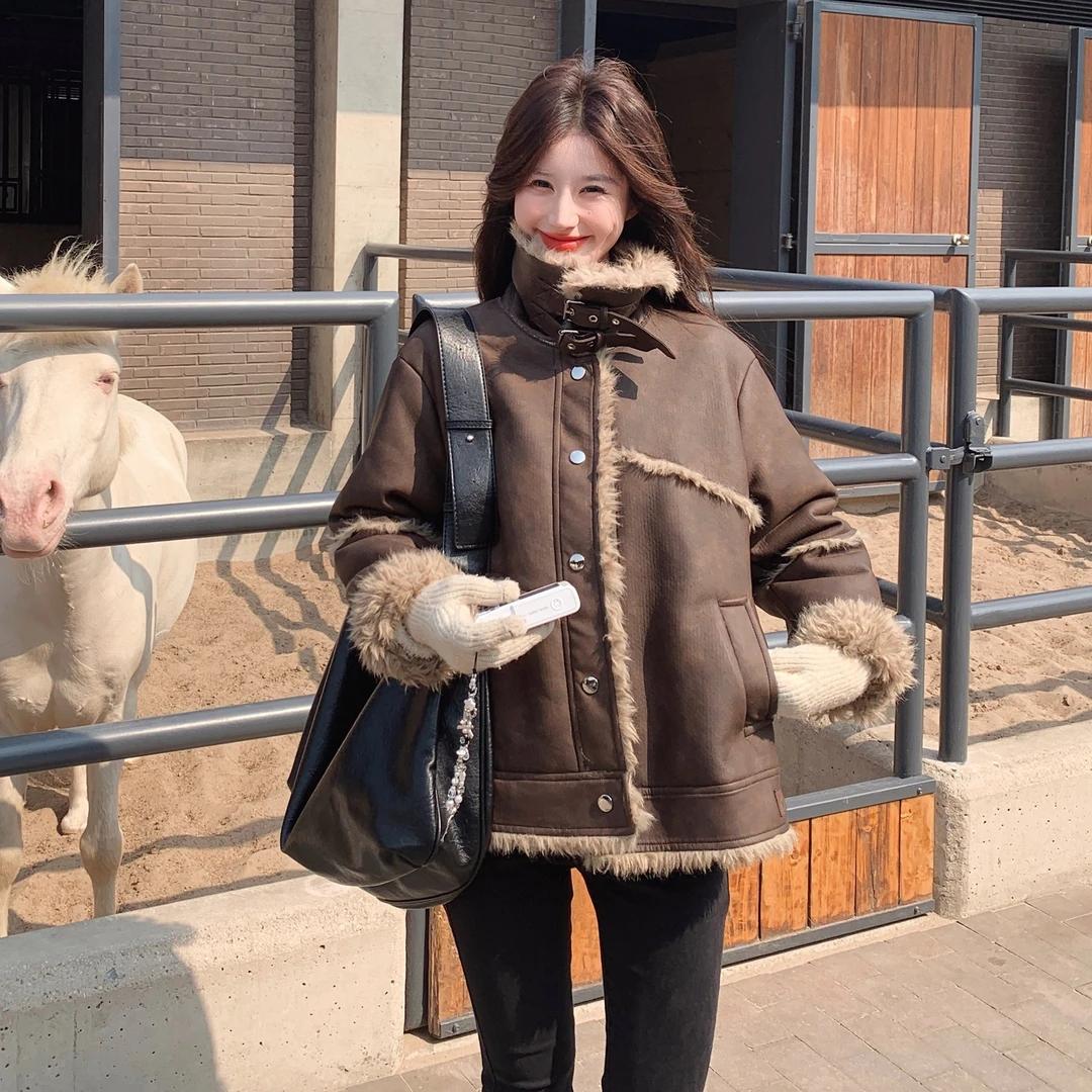 美式复古皮毛一体羊 羔毛外套女2025秋冬高级感保暖机车服厚夹克