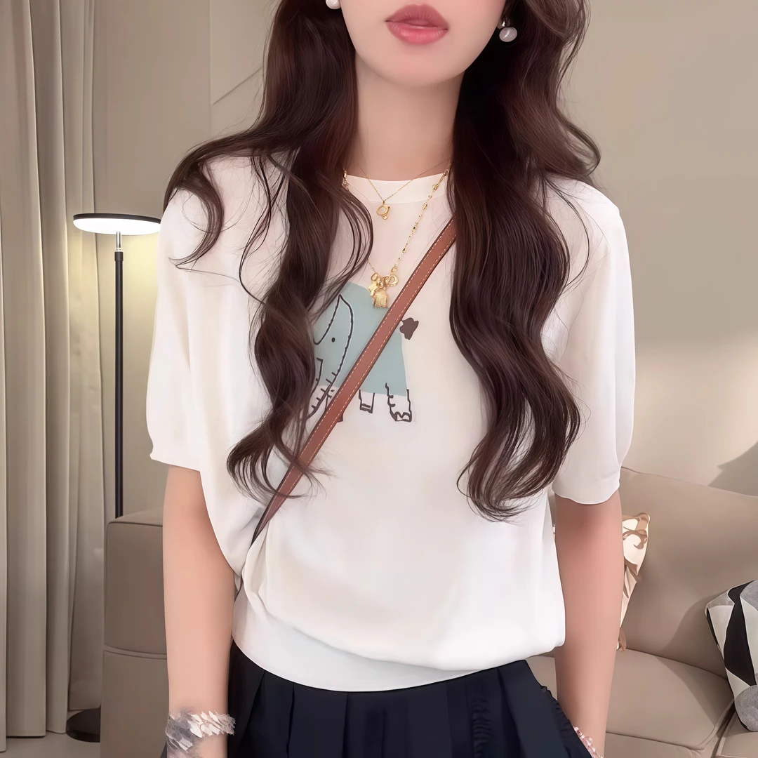 韩版提花小象短袖针织衫T恤女2025夏季新款洋气时尚减龄套头上衣