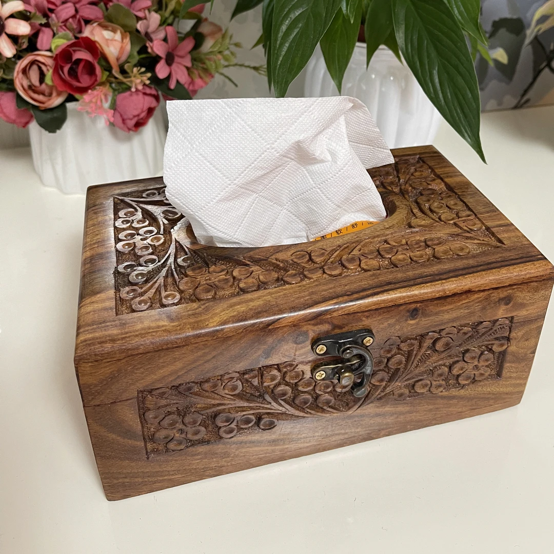 巴基斯坦核桃木纯手工雕刻工艺品纸巾盒