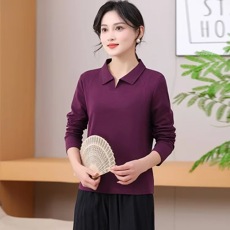 2025春装新款安哥拉红中老年女装妈妈装翻领长袖打底衫小衫卫衣