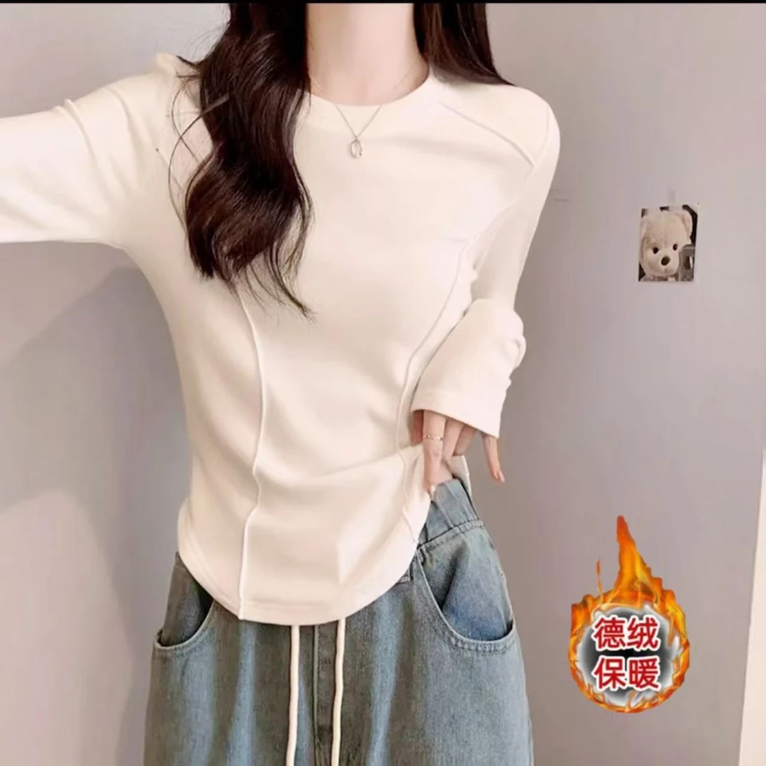 高级感鱼骨长袖女磨毛打底衫设计款显瘦修身百搭纯色卫衣白色