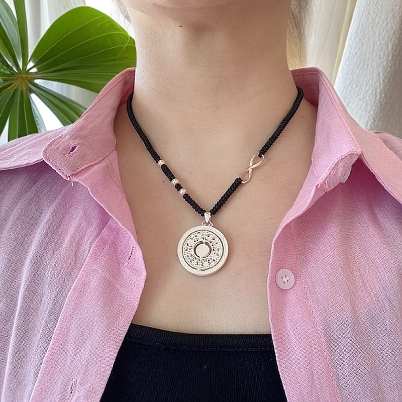 吊坠足银 七牌银楼纯银八宝罗盘可转动手编项链