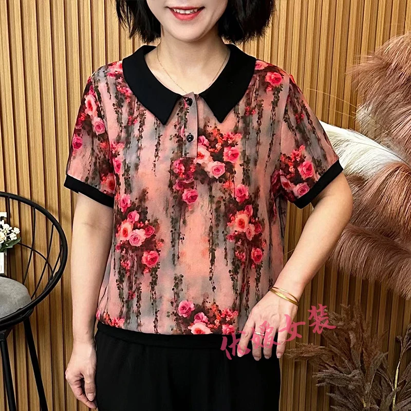 妈妈装夏季薄款花色娃娃领显瘦透气凉快中老年女装短袖上衣 A6603