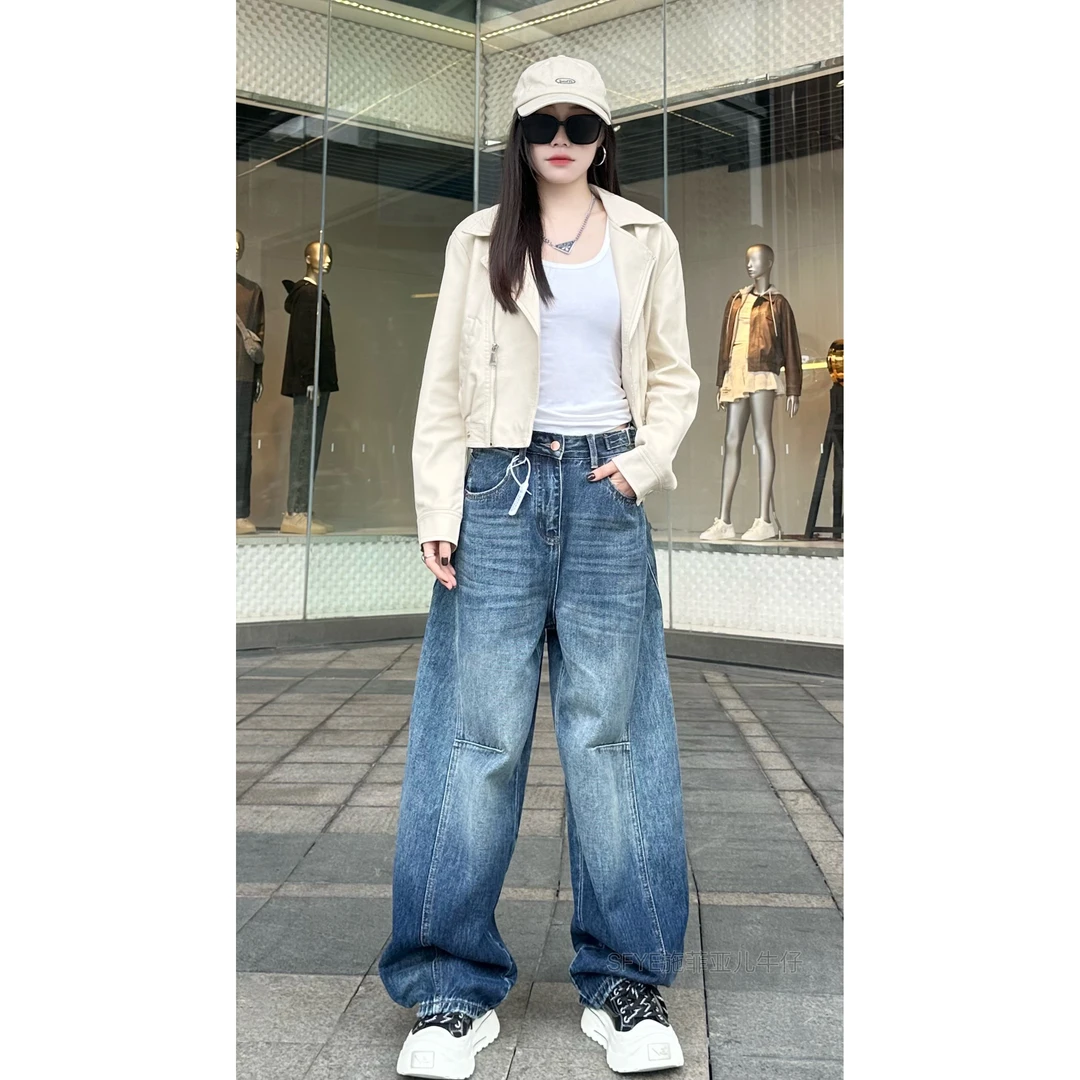 2025年早春遮腿型可调节腰头渐变蓝女款休闲百搭牛仔裤宽松显瘦