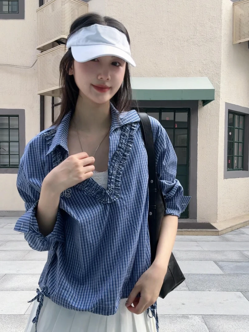 韩系减龄条纹v领木耳边长袖衬衫女高腰百褶裙半身裙夏季两件套装