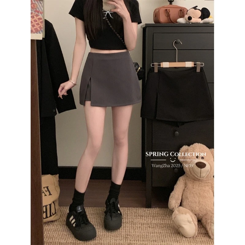 韩版辣妹侧边开叉半身裙夏季短裙高腰显瘦A字包臀2025防走光裙裤