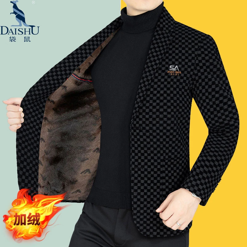 袋鼠秋冬款加绒加厚雪尼尔西装男士外套高档西服上衣免烫保暖上衣