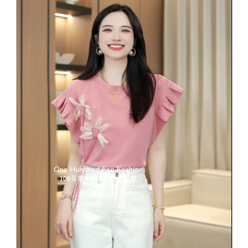 2025夏季新款设计感立体花朵飞飞袖T恤减龄洋气显瘦百搭上衣