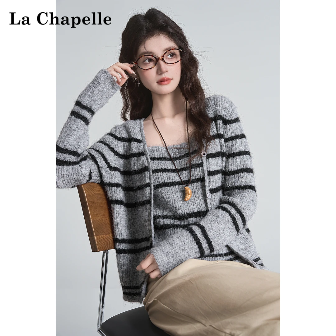 拉夏贝尔韩版灰色针织条纹软糯套装女秋季毛衣外套内搭背心两件套