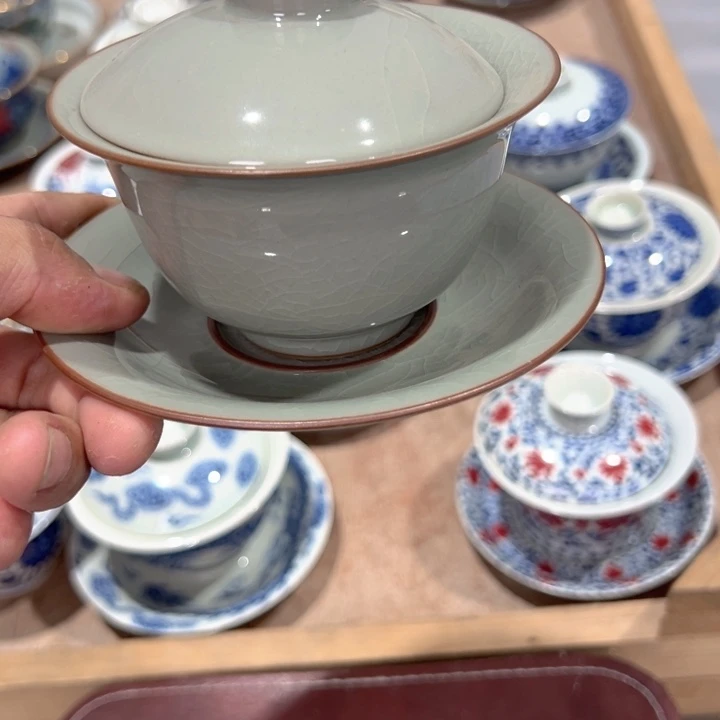 瓷片淘泥素胎元宝盖碗微