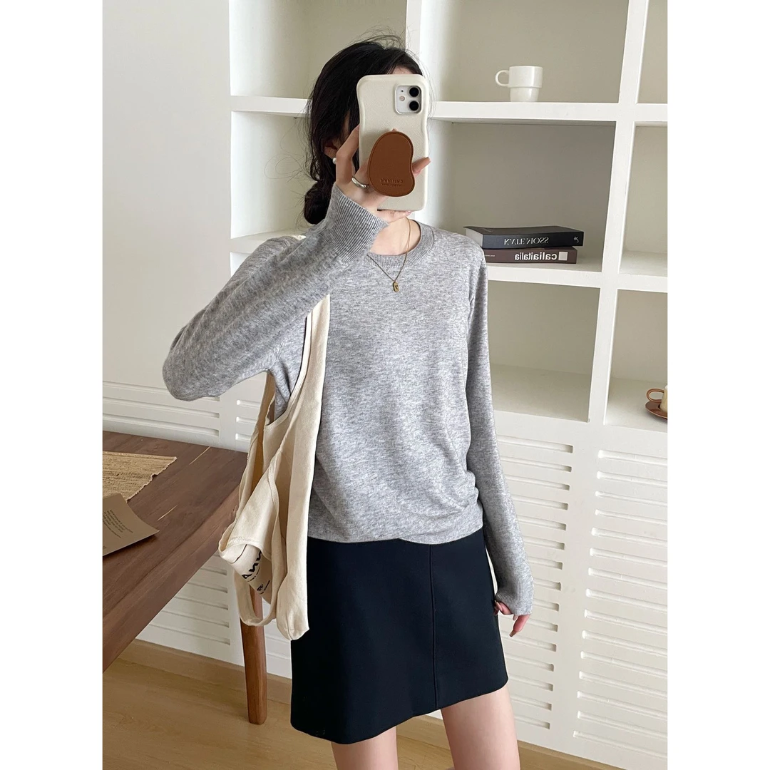 5881#圆领长袖针织衫打底女士时尚百搭套头毛衣