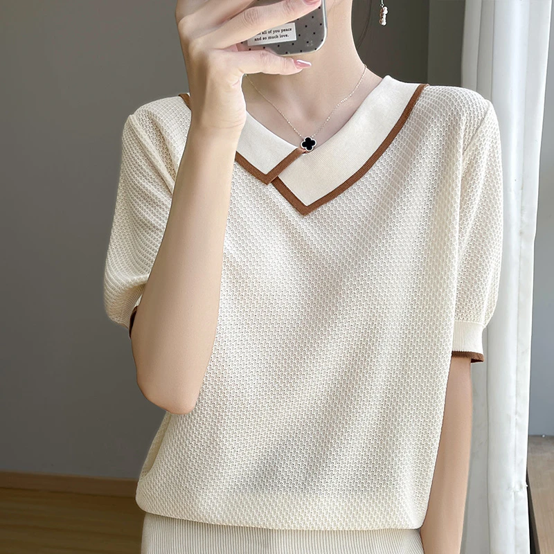 哥弟阿玛施正品爆款娃娃领短袖夏季薄款凉感显瘦上衣设计感短袖女