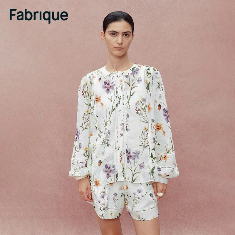 Fabrique Perla 春夏新款小苍兰印花微透亚麻圆领休闲时尚衬衫