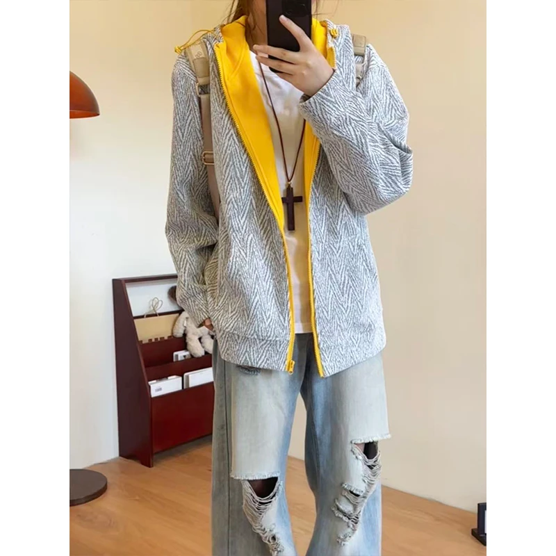 美式复古人字纹撞色卫衣男款秋冬季小香风连帽开衫外套高级感上衣