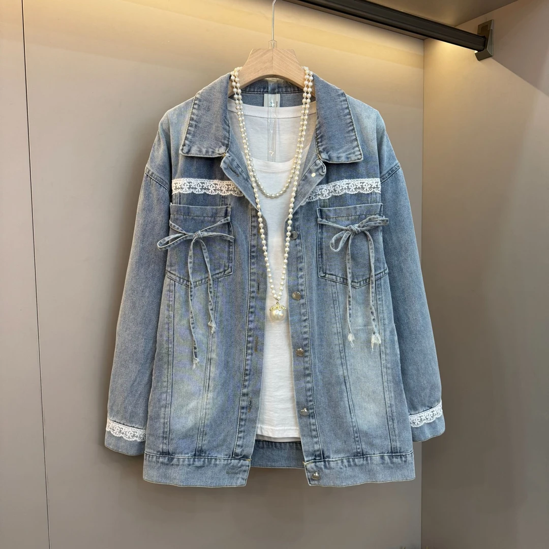 2025大码女装胖mm显瘦甜减龄蕾丝拼接蝴蝶结系带系设计感牛仔外套